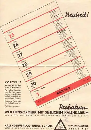 600497 | modernes Werbeblatt des Kalenderverlag Julius Schöll von 1938, Rotunde  | Wien (A - 1010 Österreich), -,
