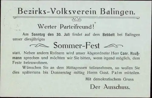 600508 | Ganzsache Zudruck Einladung der Deutschen Volkspartei zum Sommerfest, Deutsche Geschichte | Balingen (W 7460)
