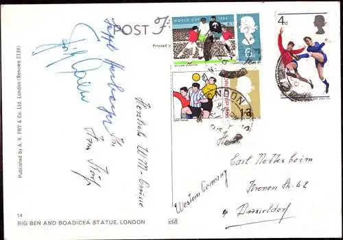 600514 | Private Karte von der Fussball Weltmeisterschaft in England 1966 mit Unterschrift von Herberger  | -, -,