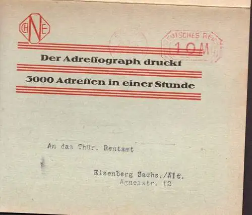 600548 | Inflation, Freistempel, Werbung für den Adressograph der Firma Ch. Niedling, Büro  | Erfurt (O - 5020), -,