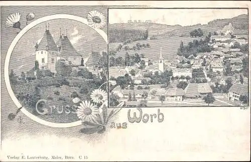 600645 | Lithographie, Ansichtskarten Vorläufer Entwurf E. Lauterburg, Bern, (Erh 3)  | Worb (CH - 3076 Schweiz), -,