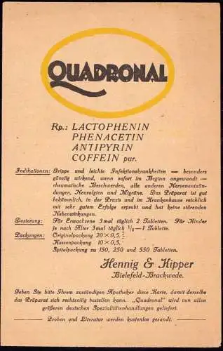 600763 | Pharmazie, Medizin Werbekarte der Firma Henning & Kipper für Quadronal, Freistempel  | Brackwede  ; Bielefeld