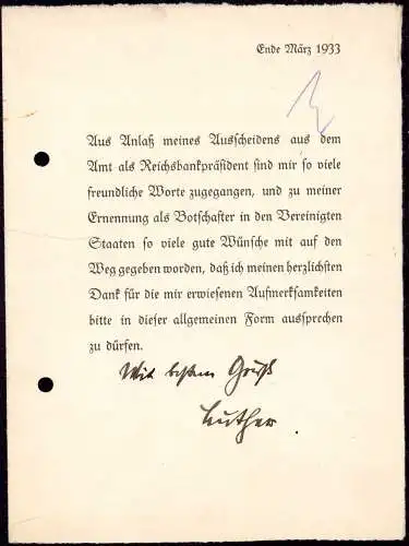 600774 | Dankschreiben des ehemaligen Reichskanzler und Reichsbankpräsidenten Hans Luther mit eigenhändiger Unterschrift