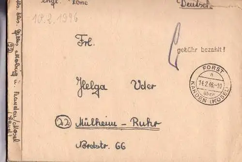 600776 | Korrespondenz von 6 Gebühr Bezahlt Belegen aus Forst über  | Treis-Karden (W - 5402), -,