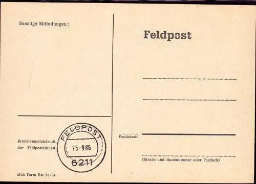 600801 | Feldpostkarte für den 3. Welkrieg, Druckdatum 1964, gestempelt 1986 | Wiesbaden (W 6200)