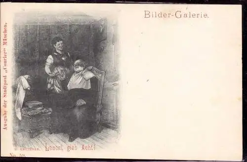 600890 | Bildganzsache Privat Stadtpost "Courier" Malerei,Grützner, Friseur, Bart, Rasur, Messer  | München (W - 8000),