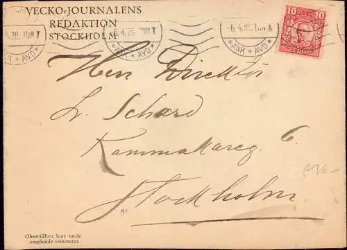 600897 | Brief, Firmenlochung, Perfin der Redaktion der Vecko Journales, Schweden | Stockholm