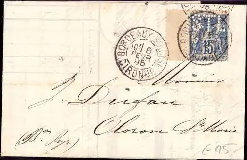 600900 | Brief Firmenlochung, Perfin Soula, de Trincaud la Tour & Co, Bank | Bordeaux