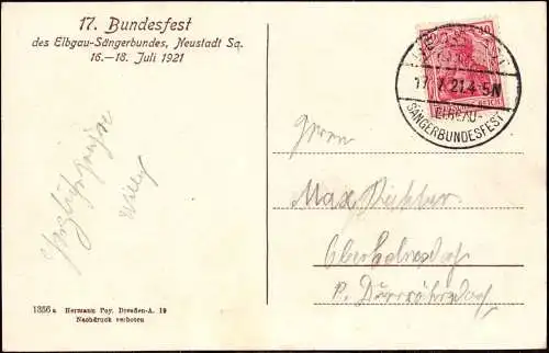 600905 | Klassischer Sonderstempel, Elbgau Sängerbundesfest von 1921, Infla, Musik, Lied Gesang  | Neustadt (Sachs.)