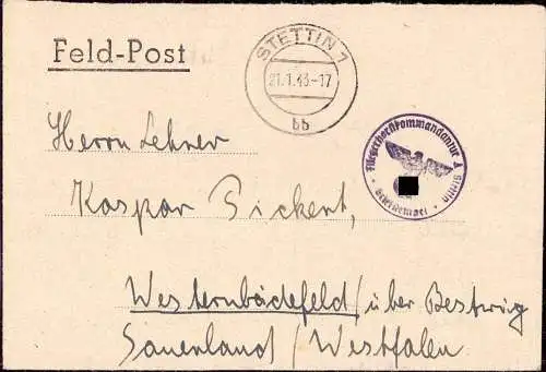 600908 | Feldpostbrief von der Fliegerhorst Kommandantur  | Stettin (Stettin Stadt Pommern), -,