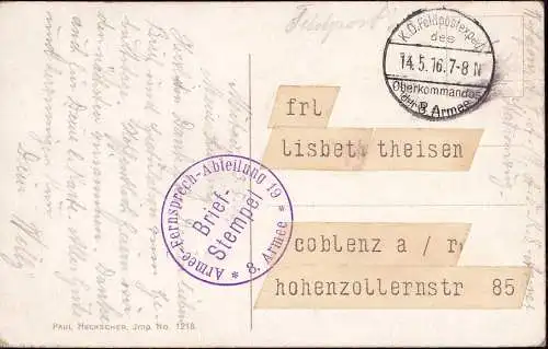 600910 | Feldpostkarte der 8. Armee, dekorativ mit Tickerstreifen für die Adresse, Telegramm, Morse, Mitau, Lettland  |
