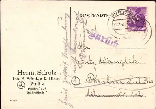 600913 | Karte, in die Wrangelstr und Retour, Haus zerstört, Nachsendung nicht beantragt  | Putlitz), Berlin Kreuzberg