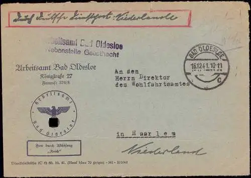 600916 | Dienstbrief, Frei durch Ablösung ohne Zensur über Deutsche Dienstpüost Niederlande nach Haarlem | Bad Oldesloe