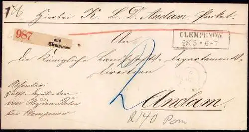 600919 | Paketbegleitbrief 1866  | Klempenow (Kreis Demmin DDR), Anklam (O - 2140),
