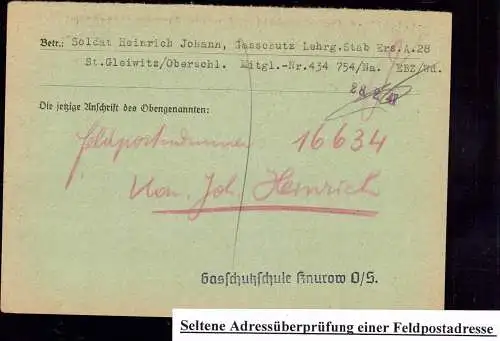 600921 | Feldpost, seltene Anschriftenprüfung an Gasschutzschule Knurow Oberschlesien  | -, -,