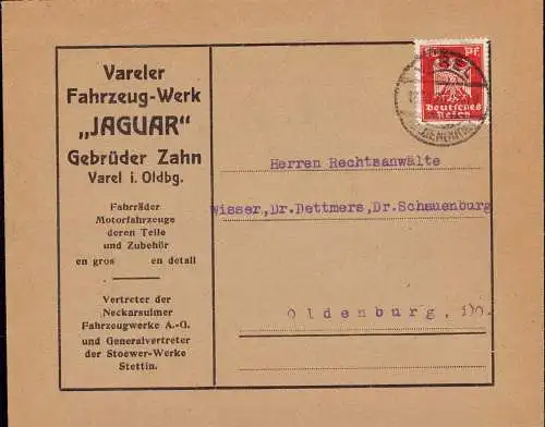 600924 | Brief der Gebrüder Zahn, Fahrradwerk „Jaguar“  Haferkampstraße, NSU, Stoewer | Varel (W 2930)