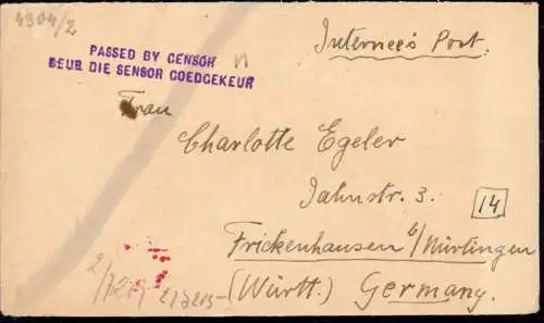 600926 | Kriegsgefangenenpost POW, Interniertenpost Zensur Lager Baviaanspoort, South Africa, Internee | Frickenhausen (