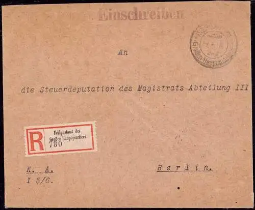 600927 | Kaiserliche Angelegenheit Feldpost Einschreiben Grosses Hauptquartier, Siegelmarke Militär Cabinet Sr, Majestät