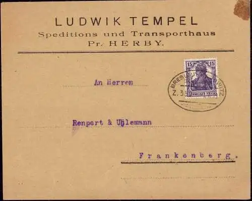 600931 | Oberschlesien, Brief aus Preußisch Herby per Bahnpost Breslau Kattowitz, Judaica, Spedition Ludwik Tempel  |