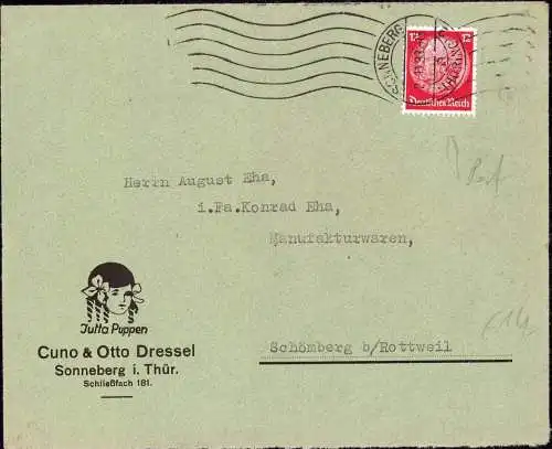 600951 | Brief, Marke mit Firmenlochung Perfin, Jutta Puppen, der Firma Cuno & Otto Dressel  | Sonneberg / Thür. (O - 64