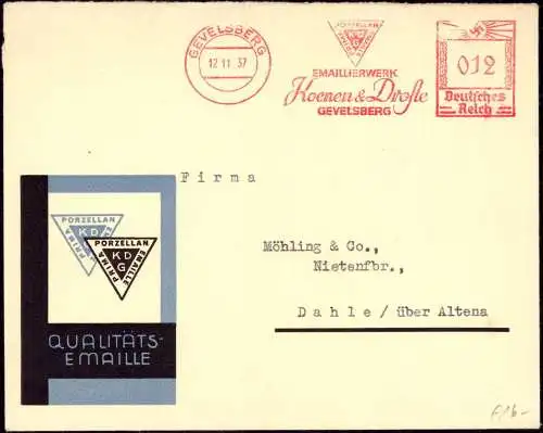 600981 | Porzellan, Firmenlogo, Werbung, dekorativer Brief des Emaillierwerk Koenen & Droste | Gevelsberg (W 5820)