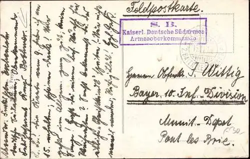 600989 | Feldpostkarte Kaiserlich Dutsche Südarmee, Armee Oberkommando, Korps Bothmer 1915  | -, -,