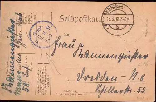 600998 | Feldpost 1. WK, seltene Zensur durch die Post Überwachungs Hilfsstelle 769  | -, -,