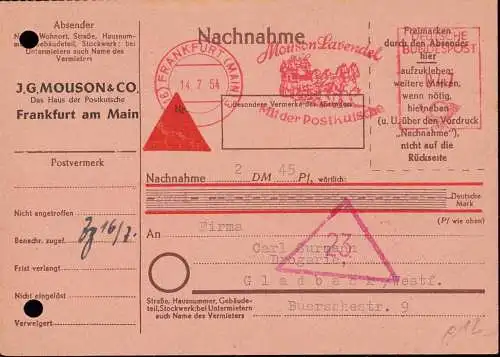 601010 | Parfüm, Postkutsche, dekorativer Freistempel der Firma J. G. Mouson  | Frankfurt (W - 6000), -,