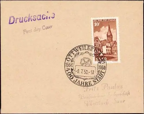 601012 | Ersttagsbrief FDC Saargebiet Mi. Nr. 296 Katalog € 100,- | Ottweiler (W 6682)