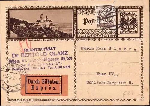 601013 | Judaica, Abs. Rechtsanwalt Glanz, Bildganzsache per Eilboten im Ortsbereich | Wien (A 1010 Österreich)
