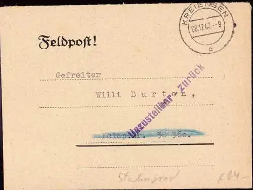 601015 | Stalingrad, Feldpostbrief an die FP. Nr. 38360 und Zurück, Retour  | Kreiensen (W - 3350), -,