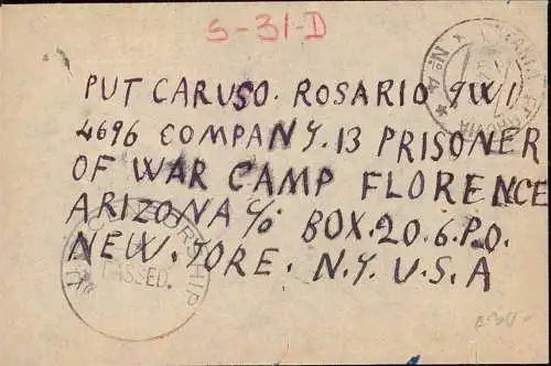 601021 | Kriegsgefangenenpost POW, Zensur aus Viagrande, Catania, Sicilia nach POW Camp Florence, Arizona, USA  | -, -,