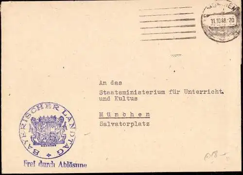 601035 | Deutsche Geschichte, Dienstbrief, Frei durch Ablösung des Bayerischen Landtag | München (W 8000)