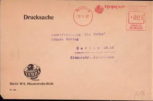 601040 | seltener Freistempel der Firma Terra Filmkunst, Mauerstrasse, Globus, Film | Berlin (W 1000)