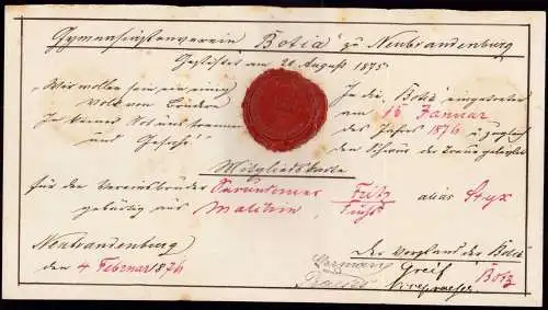601049 | Studentica, Siegel, 1876, Gründungsurkunde der Gymasialvereins Botia  | Neubrandenburg (O - 2004), -,