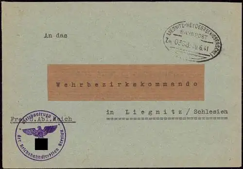 601065 | Oberschlesien, Dienstbrief mit dem seltenen Bahnpoststempel Liegnitz - Heydebreck  | Liegnitz, Stadt
