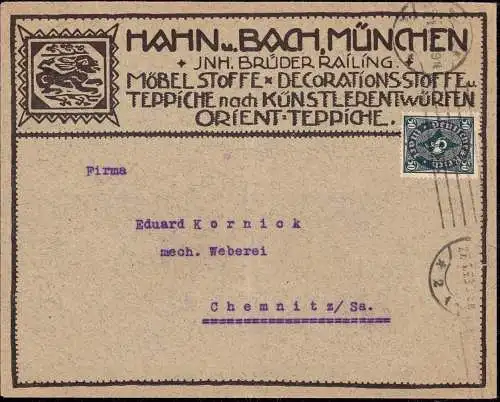 601071 | Werbung, dekorativer Brief der Firma Hahn u. Bach, Gebr. Railing, Textil, Teppich Mitglied im DWB | München (W