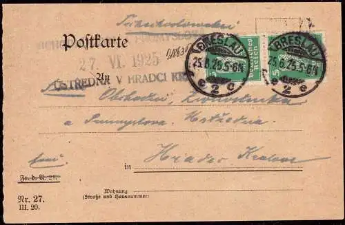 601078 | Postkarte der Reichsbahn mit reduziertem Porto, 10 Pfennig, in die CSSR  | Breslau, Stadt (Bezirk Breslau N.Sch