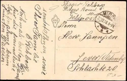 601085 | 22.12.1918, Karte vom Fliegerhorst, Fliegerkommando  | Mirow (O - 2083), -,