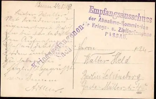 601086 | Kriegsgefangenenpost POW, 1919, Karte des Empfangsausschuss für Kriegs und Zivilgefangene | Passau (W 8390)