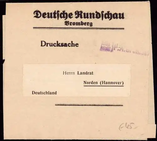 601101 | Zeitung, Barfrankierung, Streifband der Deutschen Rundschau mit seltenem Gebühr Bezahlt Stempel  | Bromberg (A