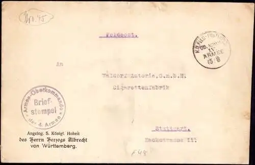 601103 | Feldpost, 4. Armee Oberkommando, Angelegenheit Seiner Königlichen Hoheit des Herzogs Albrecht von Württemberg,
