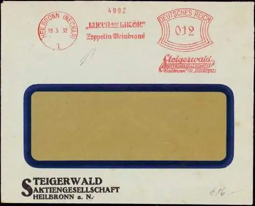 601105 | Brief der Steigerwald AG Freistempel mit Werbung für Zeppelin Weinbrand, Alkohol,  | Heilbronn (W - 7100), -,