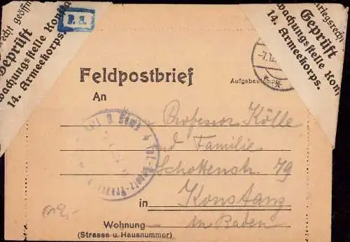 601139 | Zensur, Censored, geprüft von der Überwachungsstelle des 14. Armeekorps aus Warschau, Polen  | Konstanz (W - 77