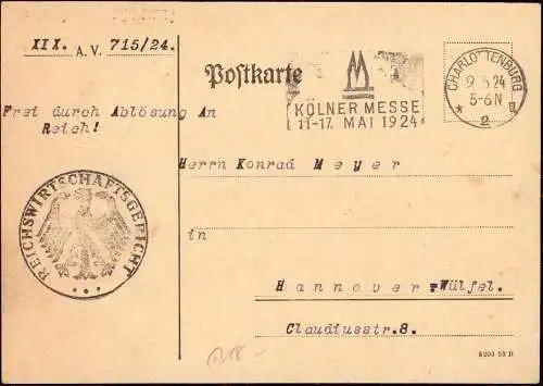 601140 | portofreie Dienstpostkarte, Frei durch Ablösung, des Reichswirtschaftgericht  | Charlottenburg ; Berlin (W - 10