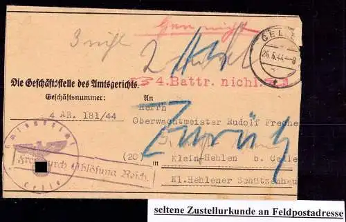 601142 | Feldpost, sehr seltene Zustellurkunde an Militäradresse in Klein Hehlen  | Celle (W - 3100), -,