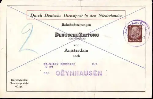 601175 | Paketaufkleber, Bahnhofszeitungen durch deutsche Dienstpost Niederlande, Bahnpost Amsterdam  | Bad Bentheim (W
