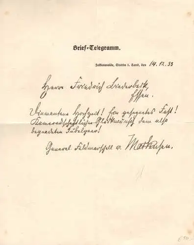 601180 | Brief, Glückwunsch zur Hochzeit mit Unterschrift des General Feldmarschall von Mackensen | Falkenwalde Stettin