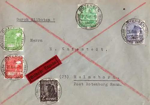 601184 | 21.6.48, 10 Uhr, Brief Währungsreform 1. Briefkastenleerung Eilboten Landzustellung Porto 1,84 nach Mulmshorn |