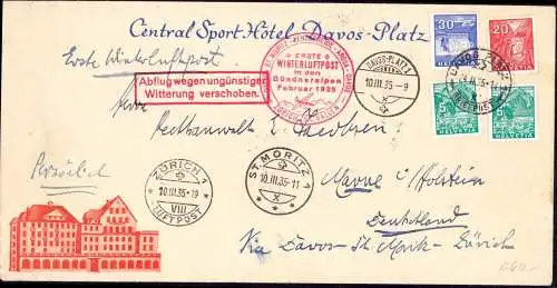 601187 | 1. Winterluftpost Schweiz 1935, Meteorologie Wetter  | Davos, St. Moritz. Zürich